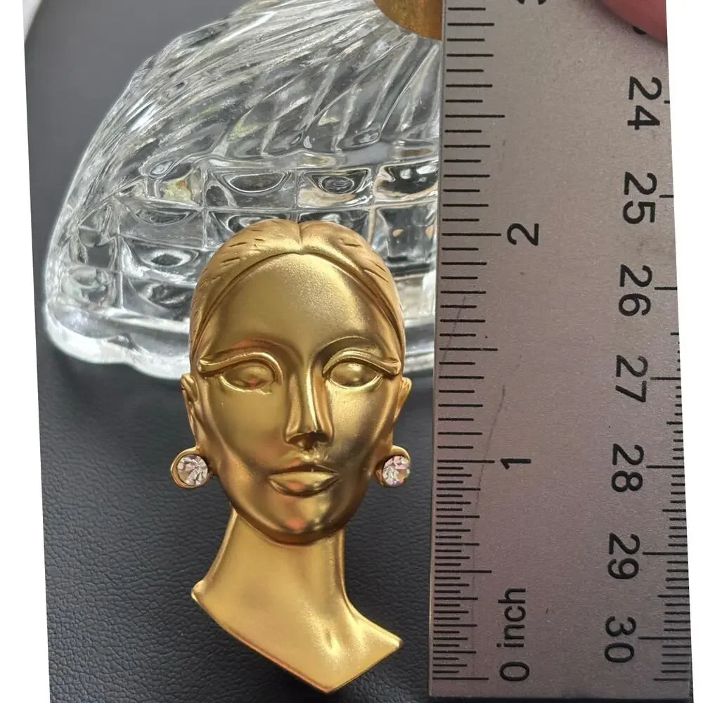Women Lady Bust with Rhinestone Earrings 2000's Brooch